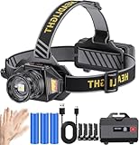 KZK Stirnlampe LED wiederaufladbar Super Bright 250000 Lumen Zoomable 3 Lichtquellen(weiße/gelbe/rote Lichtquelle) Head Torch with 12 Modi, IP67 Waterproof, 90° Adjustable Sensor Headlamp für Camping