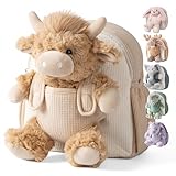 Moonkie Hug & Go Kindergartenrucksack, Hochlandkuh Kita Rucksack mit Abnehmbarem Spielzeug Mädchen & Jungen, Weiche Plüsch Kinderrucksack für 1-3 Jahren, Baby Rucksack für Kita, Reise & Geschenk