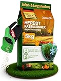 Natureflix Herbstdünger Rasen + GRATIS HANDSTREUER | Herbstrasendünger staubarm | mit Winterschutz | Körnung 2–5 mm | Rasendünger Herbst ist Kind- & tierfreundlich (5kg für 250m²)
