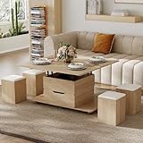 Homary Höhenverstellbarer Couchtisch mit Stauraum und 4 Hockern & Rollen – Multifunktionaler Wohnzimmertisch für kleine Räume