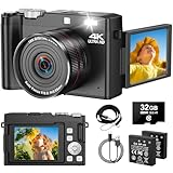 Digitalkamera 4K 64MP Fotokamera mit 180° Flip 2.8' Bildschirm, 18X Autofokus Kompaktkamera mit 32G SD Karte& Zwei Batterien für Kinder Erwachsene Ältere Anfänger