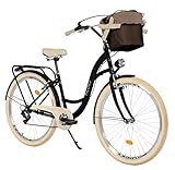 MILORD Damenfahrrad Citybike Komfort Mit Metallkorb Hollandrad Vintage Fahrrad, 26, 28 Zoll, 7-Gang (Schwarz-Creme, 28 Zoll)