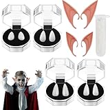 OUOQI Halloween Vampir Zähne Kit,Elfenohren,Gefälscht Zähne mit Pellets Kleber,4 Paare Vampirzähne,2 Paar Latex Elfenohren,Vampir Zahnersatz mit,Halloween Party Zähne,für Halloween Cosplay