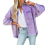 Damen Herbst Einfarbig Denim gewaschen mit Kanten und Taschen locker lässig Langarm Jeansjacke Socke Junge, violett, L