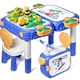 Fygurso Kindertisch mit Stühle, Kinder Tisch Stuhl Set ab 3 Jahre mit 90 Stück Kompatible Große Bausteine, Spieltisch Kinder Umbaubar in eine Box mit Rädern Zum Fahren, Kindertisch mit 1 Stuhl als