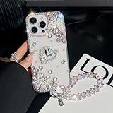 CrazyLemon iPhone 11 Pro Max Klarsicht Hülle, Glitze Strasssteinen 3D Herz Schmetterling Tragegurt Transparente Hartschale Luxuriös Schutzhülle für Frauen Mädchen - Rosa