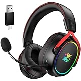 Ozeino 2.4GHz Wireless Gaming Headset für Pc, Ps4, Ps5, Mac, USB & Type-C Doppelanschlüsse Wireless Headset, Headset mit Mikrofon mit Geräuschunterdrückung, 25H+ Akkulaufzeit - Schwarz und Rot