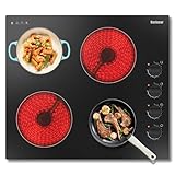 Karinear Glaskeramikkochfeld 4 Platten, Kochfeld Autarkes 60 cm, Drehknopf, Schwarz Matte Keramikglas, 6000W, 4 herdplatten, Automatische Abschaltung, Überhitzungsschutz, kein Stecker, 240V, 32A