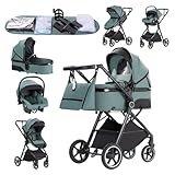 Zkipm kinderwagen 3 in 1, Kinderwagenset mit Sitz, Babybett ist Zusammenklappbar, Zwei-Wege-Schub Babywagen, Liegeposition verstellbar, Große ausziehbare Verdeck, bis 15 kg, 0-3 Jahre