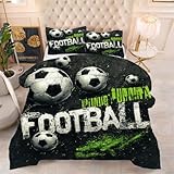Gumntun Bettdecke 135×200 cm Grüner Fußball für Kinder, Ganzjahresdecke für Normal Temperierte Schlafzimmer, Lleichte Dünne 3-Teilig Steppdecke mit 2 Kissenbezüge 80×80 cm