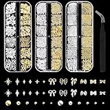 3 Schachteln Nail Charms, 36 Typen Charms Nägel, Gold Silber Stern Schleifen Perle Nagelschmuck, Nagel Steinie Set mit einer Pinzette, Nails Art Charms für Frauen Nageldesign Zubehör