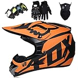 Motorradhelm - JMY-01 Motocross Helm Set - Dirt Bike Fullface Offroad Motorrad Helm mit Schutzbrille Geeignet für Kinder von 5 Bis 14 Jahren mit Fox Design - Matte Schwarz Orange - S/M/L/XL,L