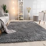Paco Home Hochflor Teppich Wohnzimmer rutschfest Fellteppich Shaggy Flauschig Weich Modern Kunstfell Fell Imitat Einfarbig, Grösse:140x200 cm, Farbe:Grau