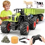 Ulikey Groß Ferngesteuerter Traktor, 1:16 11-Kanal RC Traktor Spielzeug für Kinder, 2.4 Ghz Elektro Trecker Ferngesteuert mit Anhänger, Kuh, Heuhaufen Bauernhof Spielzeug ab 4 5 6 7 8 9 Jahre