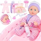 GirlDiary Baby Puppe 12 Zoll mit Zubehör Set, 3 Kleider, Stubenwagen Bett, Fütterung Playset, Baby Puppen Mädchen für 3 4 5 6 7 8 Jahr alt Kleinkind Kinder, Baby Puppe Spielzeug mit Kleidung 00310