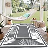 XQKXHZ Balkonteppich Wetterfest Outdoor Garten Teppich 150 x 240 Grau und Weiß Aussenbereich Terrassenteppich, Robuster Flachgewebe Kunststoff Picknickdecke, UV Beständig Reversible Außenteppich