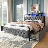 Polsterbett 180x200 mit LED und USB, Doppelbett mit 4 Stauraum Schubladen, Polster Kopfteil mit Regal, Stauraumbett Metallbett Jugendbett Bettgestell, Samtstoff (Grau, Ohne Matratze, 180×200 cm)