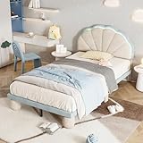 buiesjole Polsterbett mit mehrfarbigen, wechselnden Lichtstreifen, Kopfteil mit Wellenschliff, mit gepolsterter runden Beine, Kinderbett mit Holzlatten, Einzelbett, Samt, Beige+Blau, 90x200cm