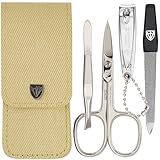 DREI SCHWERTER - 4-tlg. Nagelpflegeset 'Capri' | Hochwertiges Nageletui für Maniküre und Pediküre. Farbe: textil sand | Inhalt: Nagelschere, Nagelknipser, Pinzette, Saphirnagelfeile