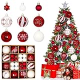 44 Stück Weihnachtskugeln Kunststoff, Christbaumkugeln Weihnachtsbaumkugeln Set, Personalisierte Weihnachtskugeln weiß & rot, Weihnachtsbaumschmuck Kugeln, Weihnachtsdeko Außen Innen