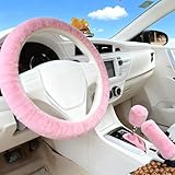 DifenzuSJ 3 Stück Lenkradabdeckung mit Schaltknaufüberzug & Handbremse Überzug, Universal Winter-Lenkradbezug Aus Warmem Plüsch, Anti Rutsc Lenkrad Abdeckung für Auto Zubehör, 35-39cm (Rosa)