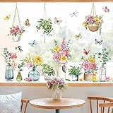 decalmile Fensteraufkleber Blumen Frühling Topfpflanze Fenster Abziehbilder Hängende Pflanzen Blätter Anti-Kollision Fensterfolie Glas Fensterdeko Aufkleber