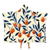Geometrische Pflanzen Ultra Weiche Hoodie Decke Orangenbeeren Warme Flanell Decke zum Anziehen für Zuhause Sofa und Bett, Kuscheldecke mit Kapuze 150 × 200 cm