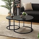 BIGTREE Couchtisch Rund, Satztisch 2er Set, Wohnzimmertisch Modern, Größe: 70x70x45cm, 50 x50x40cm,Beistelltisch Set aus Holz mit Metallgestell für Wohnzimmer Balkon Büro (Schwarz)