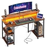 Coleshome Gaming Tisch mit LED-Beleuchtung, Computertisch mit 2 Steckdosen & 2 USB-Anschlüssen, Gaming Schreibtisch mit Monitorständer & Stauraum, Home Office Schreibtisch, Braun, 120x50cm