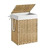 SONGMICS Wäschekorb, Wäschesammler 90 L, Wäschebox aus synthetischem Rattan, mit Deckel und Griffen, geflochten, faltbar, herausnehmbarer Wäschesack, pastellgelb LCB51NL