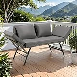 Gartenbank Polyrattan mit Liegefunktion, 2-Sitzer Polyrattan-Möbel, Rattan Gartensofa mit Verstellbare Armlehnen, Wetterfestes Balkon-Sofa, Gartenbank Wetterfest für Garten, Balkon,Terrasse (Grau)