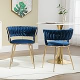 LIFEISLE Esszimmerstuhl 2er Set, Stühle mit Goldenen Metallbeinen, Samt Küchenstühle Schalenstuhl mit handgewebten Armlehne für Esszimmer, Wohnzimmer Blau