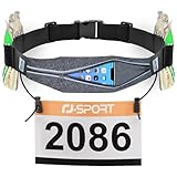RJ-Sport Laufgürtel für Handy - wasserdichte Lauftasche, Sportgürtel Hüfttasche, Triathlon Startnummernband Laufgurt mit Bauchtasche & Verstellbarem Gummiband & Nummernhalter &6 Gel-Halter (Grau)