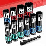 Aurlloct 11-Tlg Schlagschrauber Nüsse Satz, Kraft Stecknüsse 1/2 Zoll, 10mm-24mm Schlagnüsse Set, Langnüsse mit 1/4' auf 1/2' Steckschlüsseladapter, für Autoreparaturen Reifenwechsel
