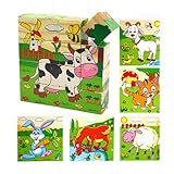 Würfelpuzzle, Wooden Cube Puzzle, Kinder Holzpuzzle ab 3 4 Jahre, Lernspielzeug Holzspielzeug 6 in 1 Bauernhof Tier-Motive mit 16 Würfel Holzspielzeug für Jungen und Mädchen, 12 x 12 x 3 cm