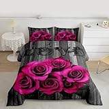 Bettwäsche-Set mit rosafarbenen Rosenblumen, Retro-Bettwäsche-Set, rustikales Rosenmuster, Valentinstag, Hochzeit, Paare, Bettdecken-Sets für Mädchen, Jungen, Männer, Frauen, romantische Blütendecke,