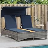 INLIFE Doppel-Sonnenliege mit Dach und Kissen Grau Poly Rattan,Möbel,Gartenmöbel,Gartensitzmöbel,Sonnenliegen,Grau,30 KG,365624