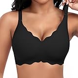 Jiuday Damen BH ohne Bügel Spitzen Soft BH Große Brüste Starker Halt Push Up Bügelloser Bustier Gepolstert Seamless Bequemer Nahtloser Bra V-Ausschnitt Minimizer Bralette (Schwarz,XL)