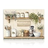 Dazzlewall Bauernhof Küche Leinwand Bild Willkommen in unserer Bauernhof Küche Rustikale Frische Pflanzen und Küchenutensilien Wand Poster für Esszimmer 30×40 cm Ungerahmt