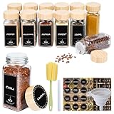 Gewürzgläser Eckig 12er Set 120ml, Gewürzdosen mit Streueinsatz, luftdichtem Schraubdeckel, Inkl. Trichter, Etiketten, Marker & Reinigungsbürste, Gewürzbehälter Glas für Küche & Schublade, HolzDeckel