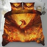 Tyafsgvqo Flamme Phönix Bettwäsche 220x240 cm 3 Teilig, Fantasy Tier Thema Wendebettwäsche Mikrofaser mit Reißverschluss, Orientalisch Mythos Tier Bettbezug Weich & Bügelfrei mit 2 Kissenbezug 80x80