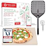 Pizza Lover Premium Pizzastein-Set für Backofen & Grill – inkl. harteloxiertem, perforiertem Pizzaschieber (30x70 cm) + XL-Pizzastein (38x30 cm) bis 800°C aus Cordierit + Pizzaschneider & Rezeptbuch