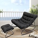 AlpineAura Schaukelstuhl mit Hocker Outdoor Lesesessel Schaukelsessel Wohnzimmer Relaxstuhl mit Gepolsterter, Outdoor Patio Schaukelstühle aus Metall, für Garten, Hof, Terrasse (Schwarz)