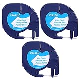 3 Etikettenband kompatibel für Dymo Letratag 91201 Plastic Label Tapes for LT-100H LT-100T LT-110T QX50, XR, XM,200B 2000 Plus Label Beschriftungsgerät Schwarz auf Weiß