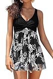 SHEKINI Damen Mesh Einteilige Badeanzug Badekleid Ruched Bauchweg V-Ausschnitt mit Brustpolstern Schwimmkleid Große Größe Baderock Badeanzugkleid(XL,C-schwarz)