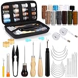 58 PCS Leder Nähset Professionell Leder Werkzeug Ledernähset mit Nähnadeln Polsterreparaturset mit DIY Lederhandwerk Lederwerkzeug Ledernadel Nahtauftrenner Nadel Nähgarn für Reparaturen