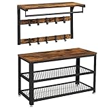VASAGLE Wandgarderobe, Schuhbank, Wandregal mit Ablage und 10 Haken, Schuhregal mit 3 Ebenen, Aufbewahrung, Metallgestell, Flur, Eingangsbereich, Industrie-Design, vintagebraun-schwarz LCR173B01
