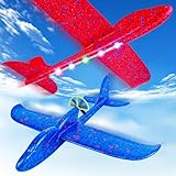 Ueyben 2 Stück Flugzeug Spielzeug, Styropor Flugzeuge für Kinder Elektrisches Wurfgleiter Styroporflieger Led Lichter Outdoor Spiele Flugzeug für Jungen Mädchen 4 5 6 7 8 9 10 11 12