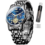 OLEVS Herren-Armbanduhr mit Zeitcode, Edelstahlarmband, Leuchtend, wasserdicht, multifunktional, Unterzifferblatt, Business-Kleid, Quarz, rund, Luxusuhren für Herren, 2856-schwarzes Armband, blaues