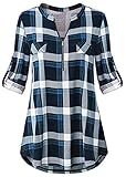 Odosalii Damen V-Ausschnitt Kariert Bluse 3/4 Ärmel Langarm Reißverschluss Tunika Longshirt Hemd Tops T-Shirt, XXL, A_blau Kariert
